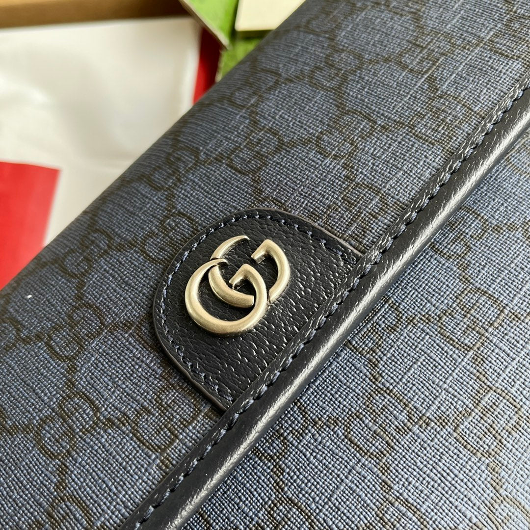 GUCCI OPHIDIA SMALL BELT BAG 23 IN DARK BLUE MONOGRAM CANVAS AND BLACK LAMBSKIN TRIM