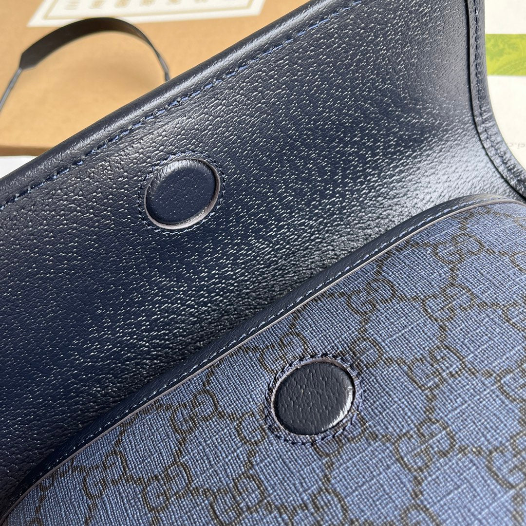 GUCCI OPHIDIA SMALL BELT BAG 23 IN DARK BLUE MONOGRAM CANVAS AND BLACK LAMBSKIN TRIM