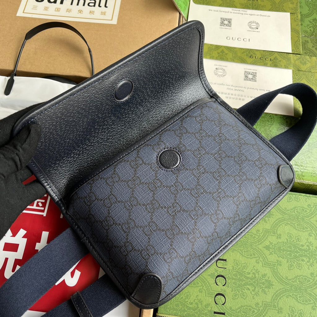 GUCCI OPHIDIA SMALL BELT BAG 23 IN DARK BLUE MONOGRAM CANVAS AND BLACK LAMBSKIN TRIM