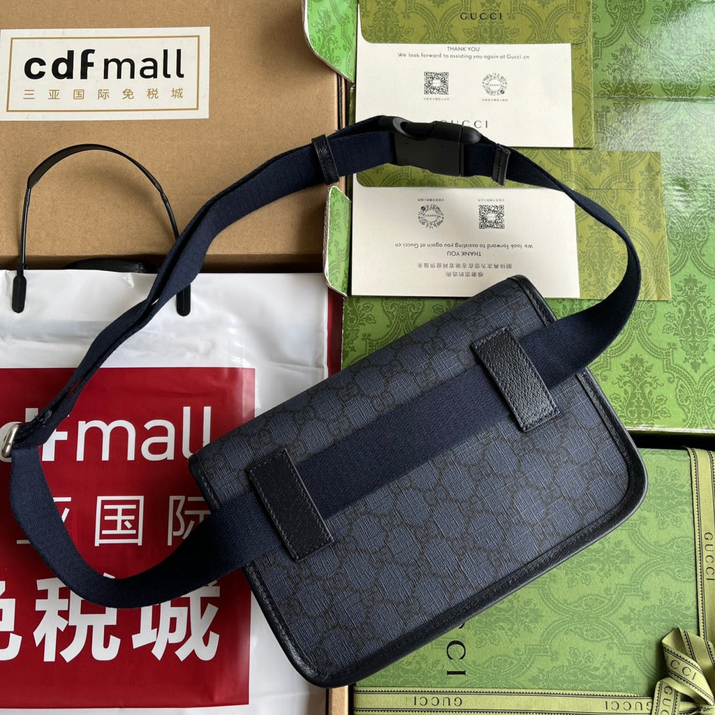 GUCCI OPHIDIA SMALL BELT BAG 23 IN DARK BLUE MONOGRAM CANVAS AND BLACK LAMBSKIN TRIM