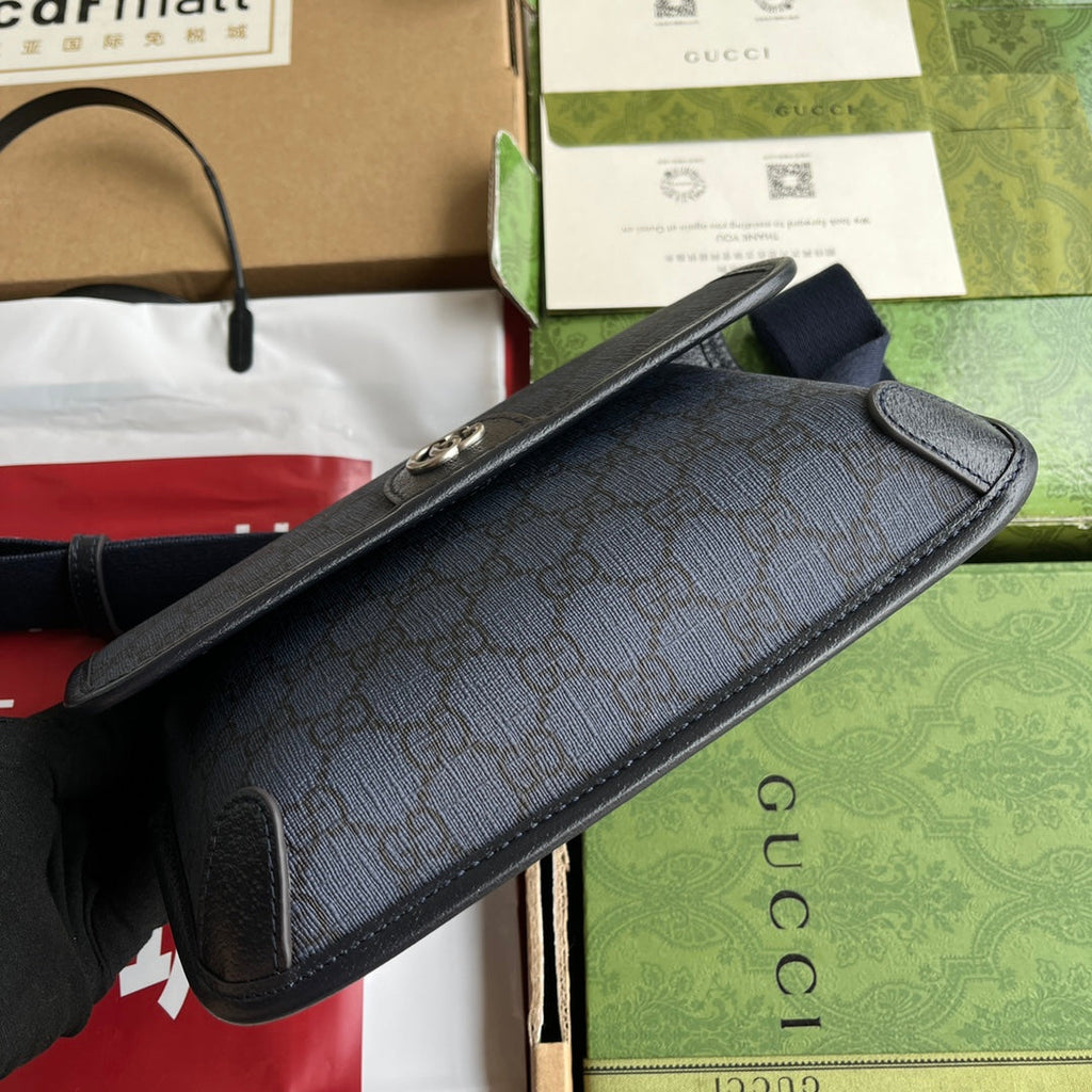 GUCCI OPHIDIA SMALL BELT BAG 23 IN DARK BLUE MONOGRAM CANVAS AND BLACK LAMBSKIN TRIM