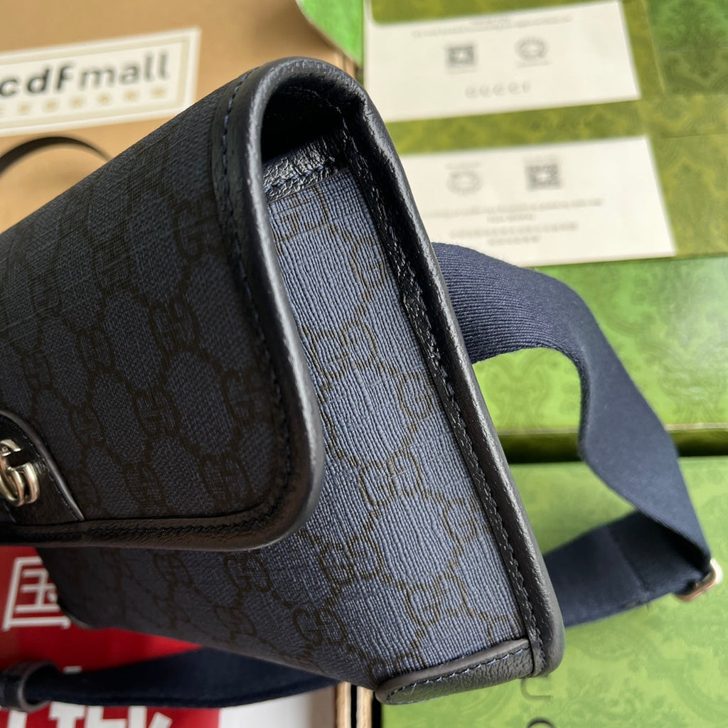 GUCCI OPHIDIA SMALL BELT BAG 23 IN DARK BLUE MONOGRAM CANVAS AND BLACK LAMBSKIN TRIM