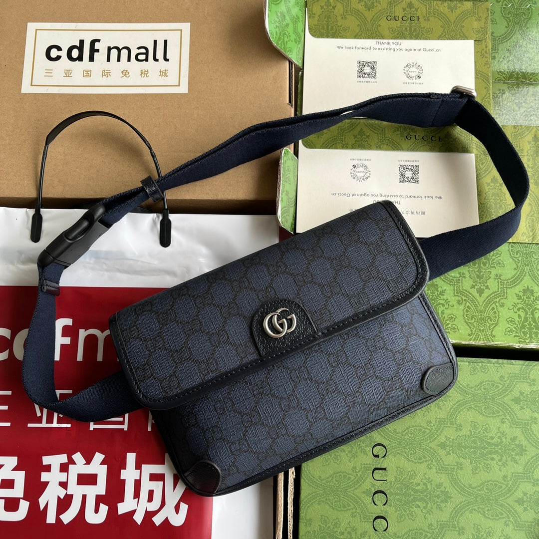 GUCCI OPHIDIA SMALL BELT BAG 23 IN DARK BLUE MONOGRAM CANVAS AND BLACK LAMBSKIN TRIM