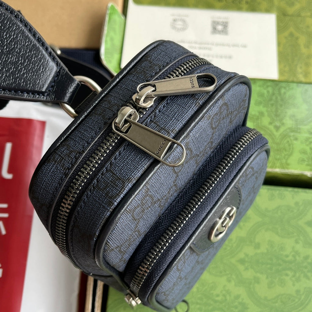 GUCCI OPHIDIA MINI BAG 18 IN DARK BLUE MONOGRAM CANVAS AND BLACK LAMBSKIN TRIM