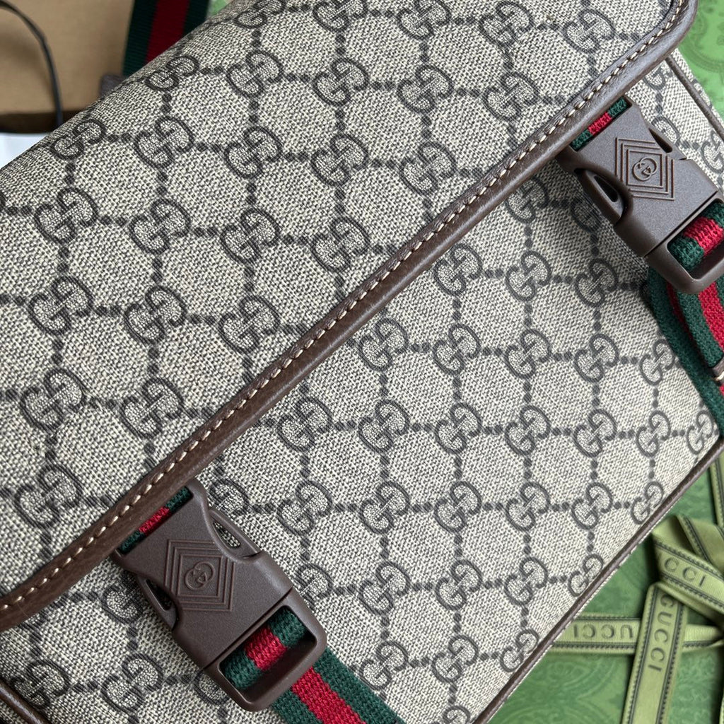 GUCCI OPHIDIA MEDIUM MESSENGER BAG 27 IN BEIGE AND EBONY  CALFSKIN GREEN RED WEB STRIPE CANVAS