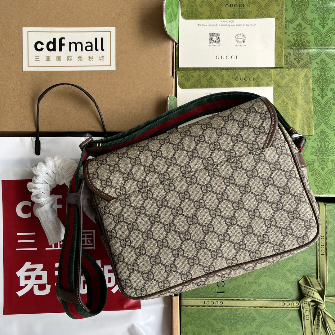 GUCCI OPHIDIA MEDIUM MESSENGER BAG 27 IN BEIGE AND EBONY  CALFSKIN GREEN RED WEB STRIPE CANVAS