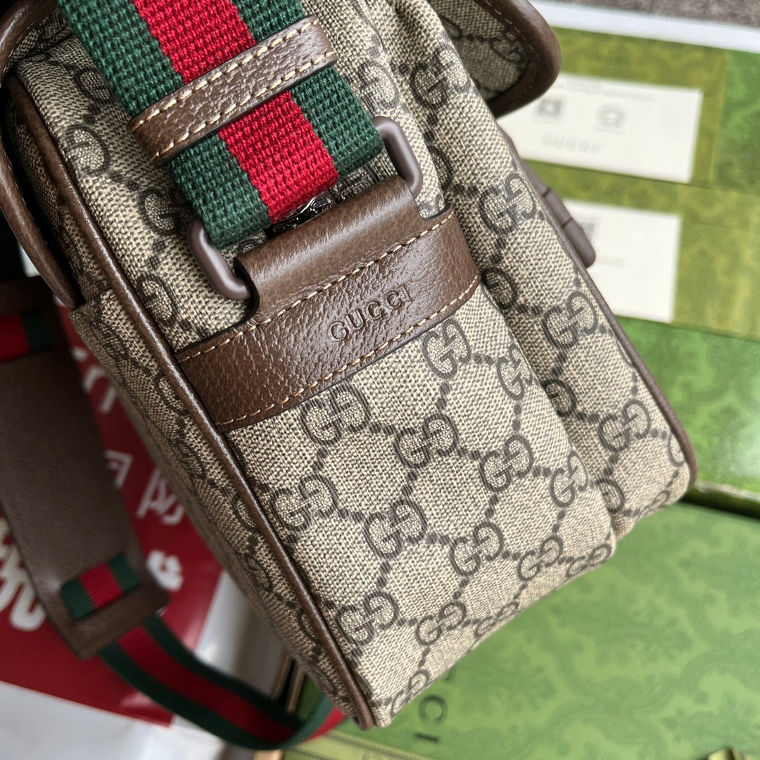 GUCCI OPHIDIA MEDIUM MESSENGER BAG 27 IN BEIGE AND EBONY  CALFSKIN GREEN RED WEB STRIPE CANVAS