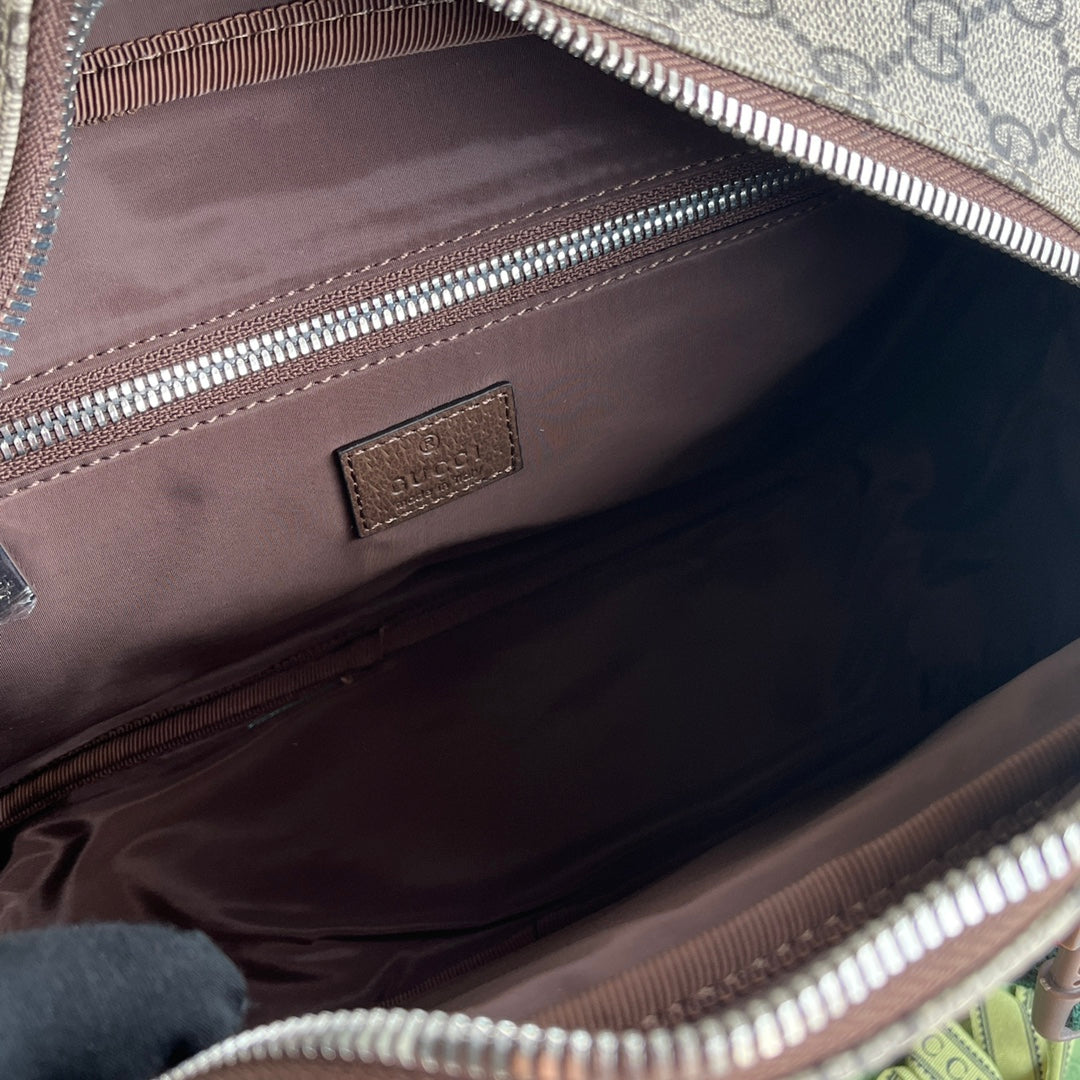GUCCI OPHIDIA MEDIUM MESSENGER BAG 27 IN BEIGE AND EBONY  CALFSKIN GREEN RED WEB STRIPE CANVAS