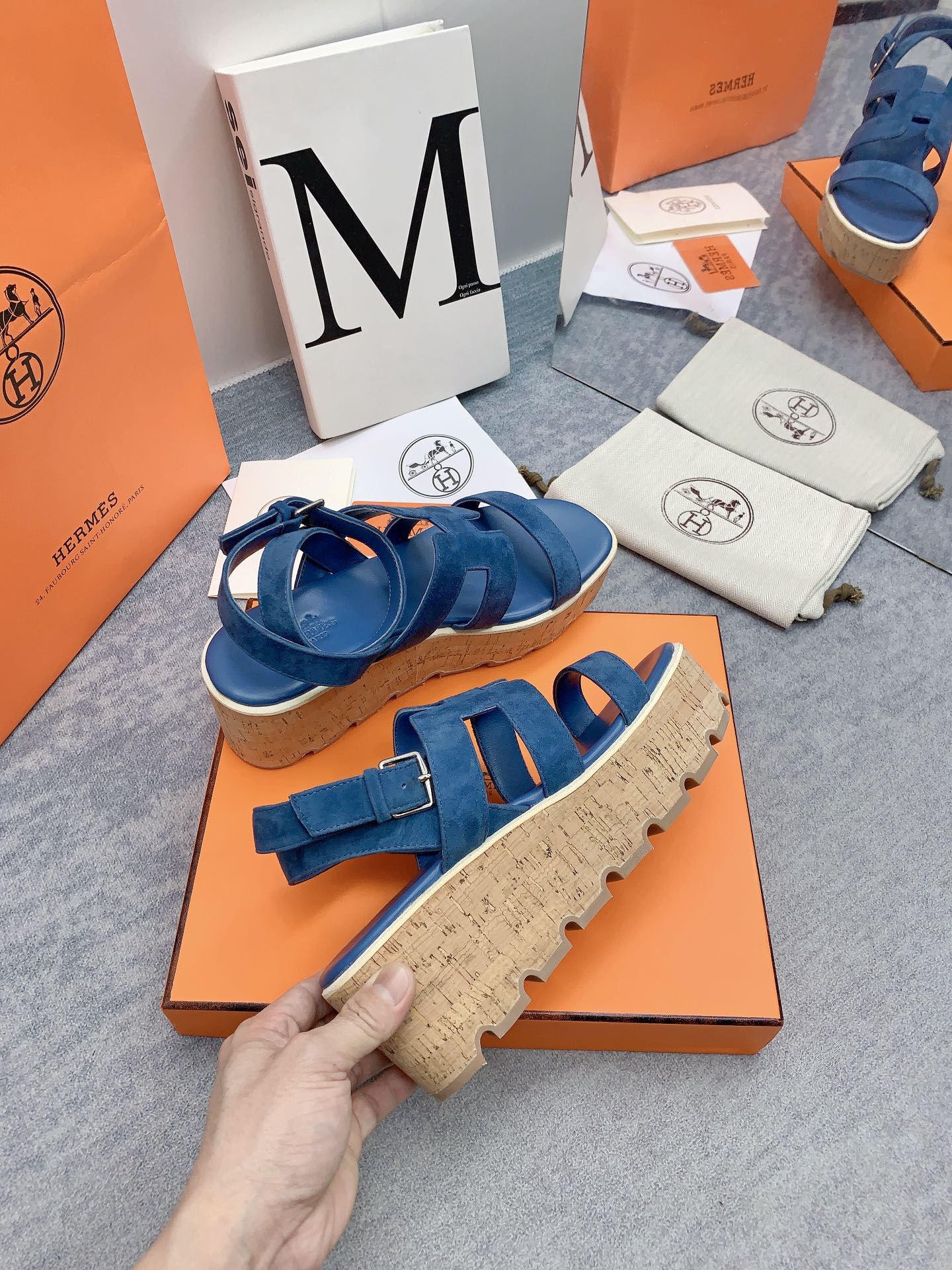 HERMES HAVANE 30 SANDAL IN CLASSIC BLUE SUEDE