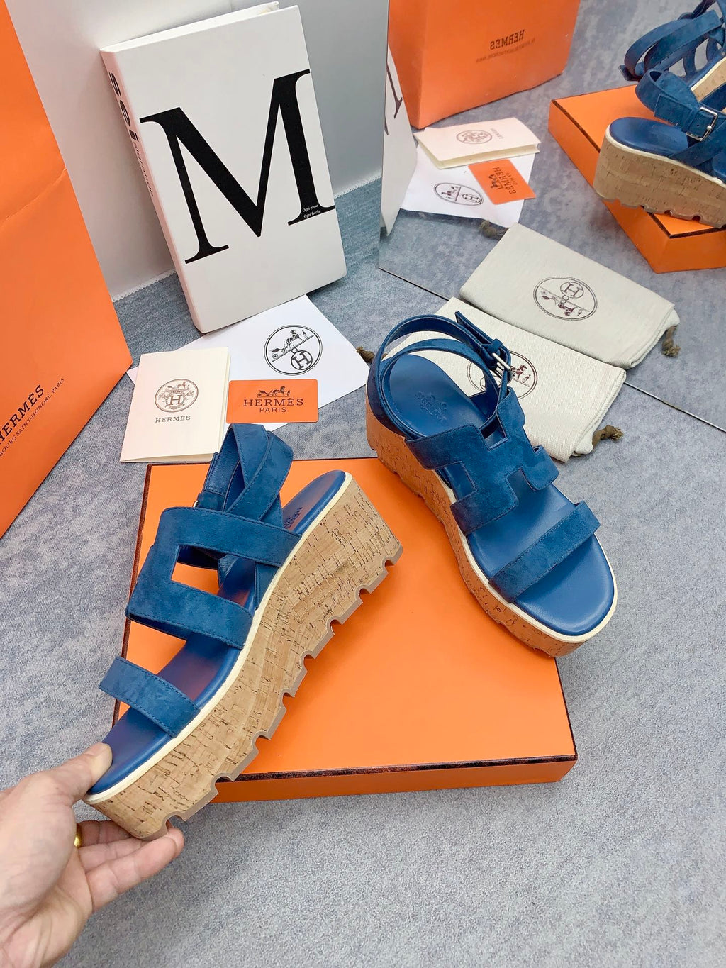 HERMES HAVANE 30 SANDAL IN CLASSIC BLUE SUEDE