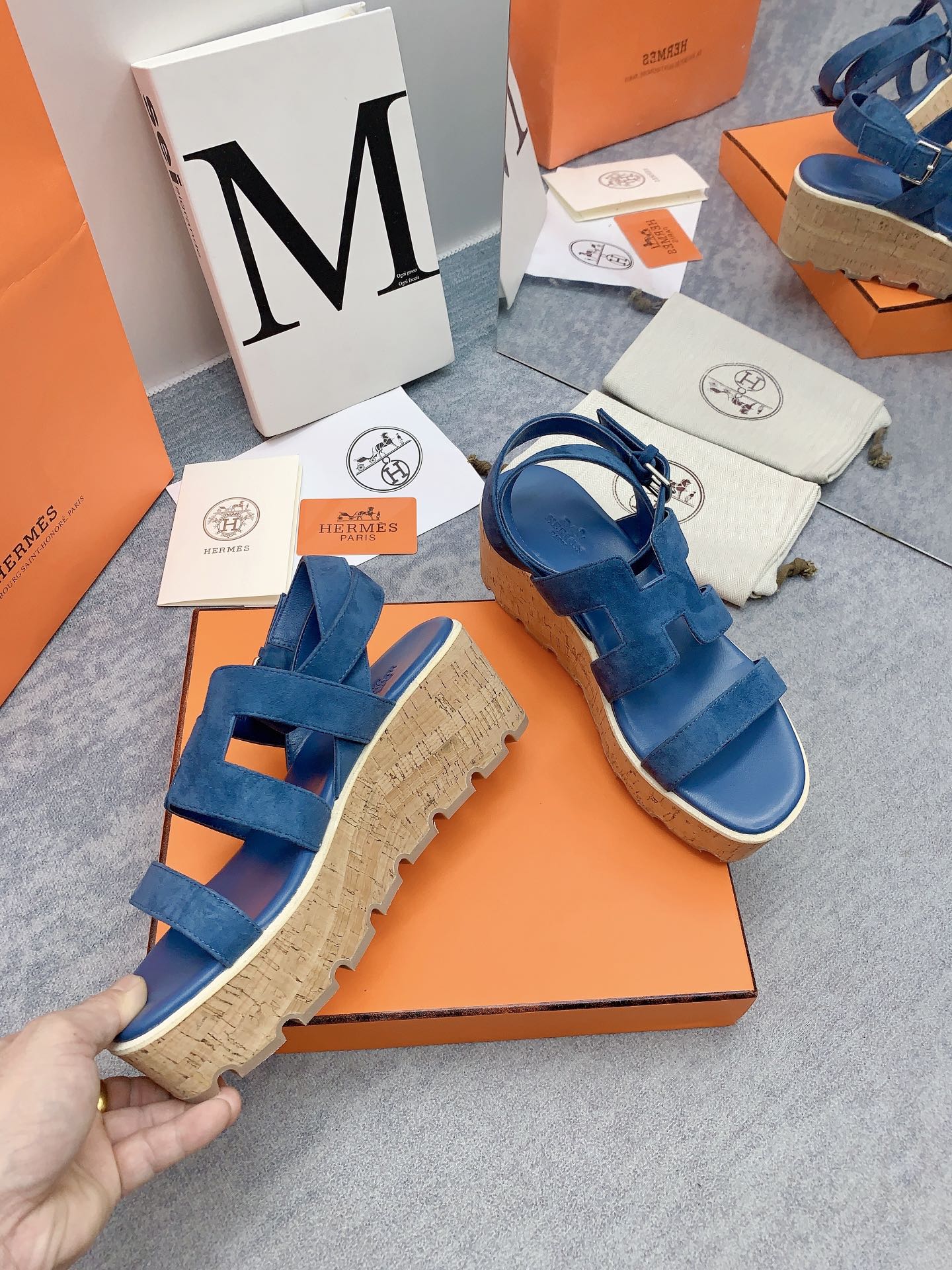 HERMES HAVANE 30 SANDAL IN CLASSIC BLUE SUEDE