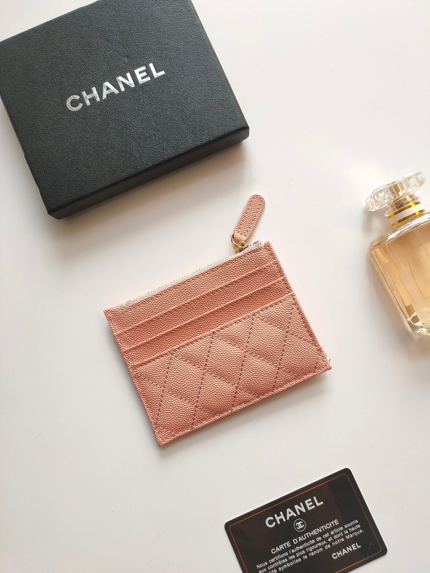 CHANEL ZIPPED CARD HOLDER 11.5 PEACH GRAINED CALFSKIN GOLD ICON