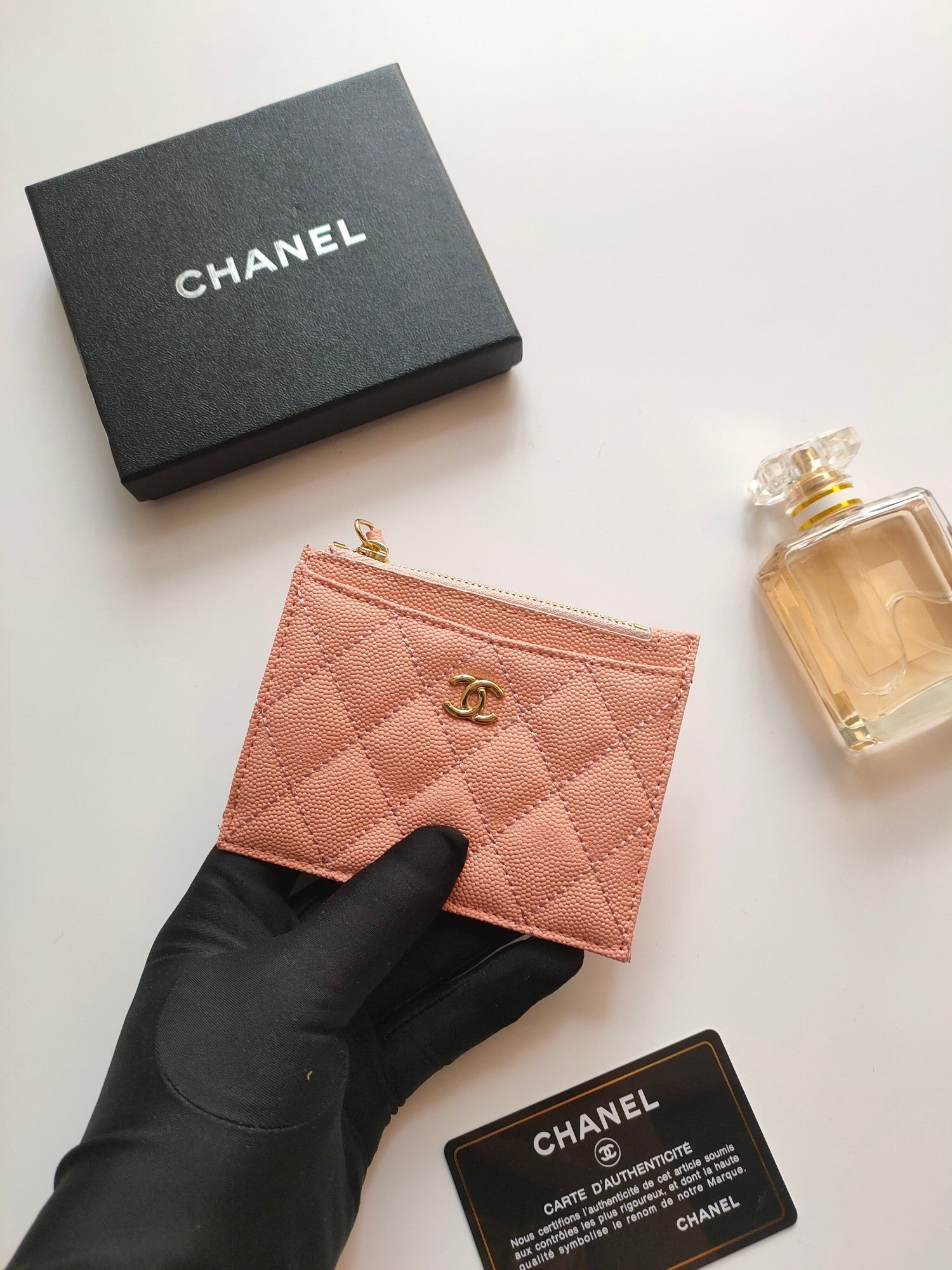 CHANEL ZIPPED CARD HOLDER 11.5 PEACH GRAINED CALFSKIN GOLD ICON