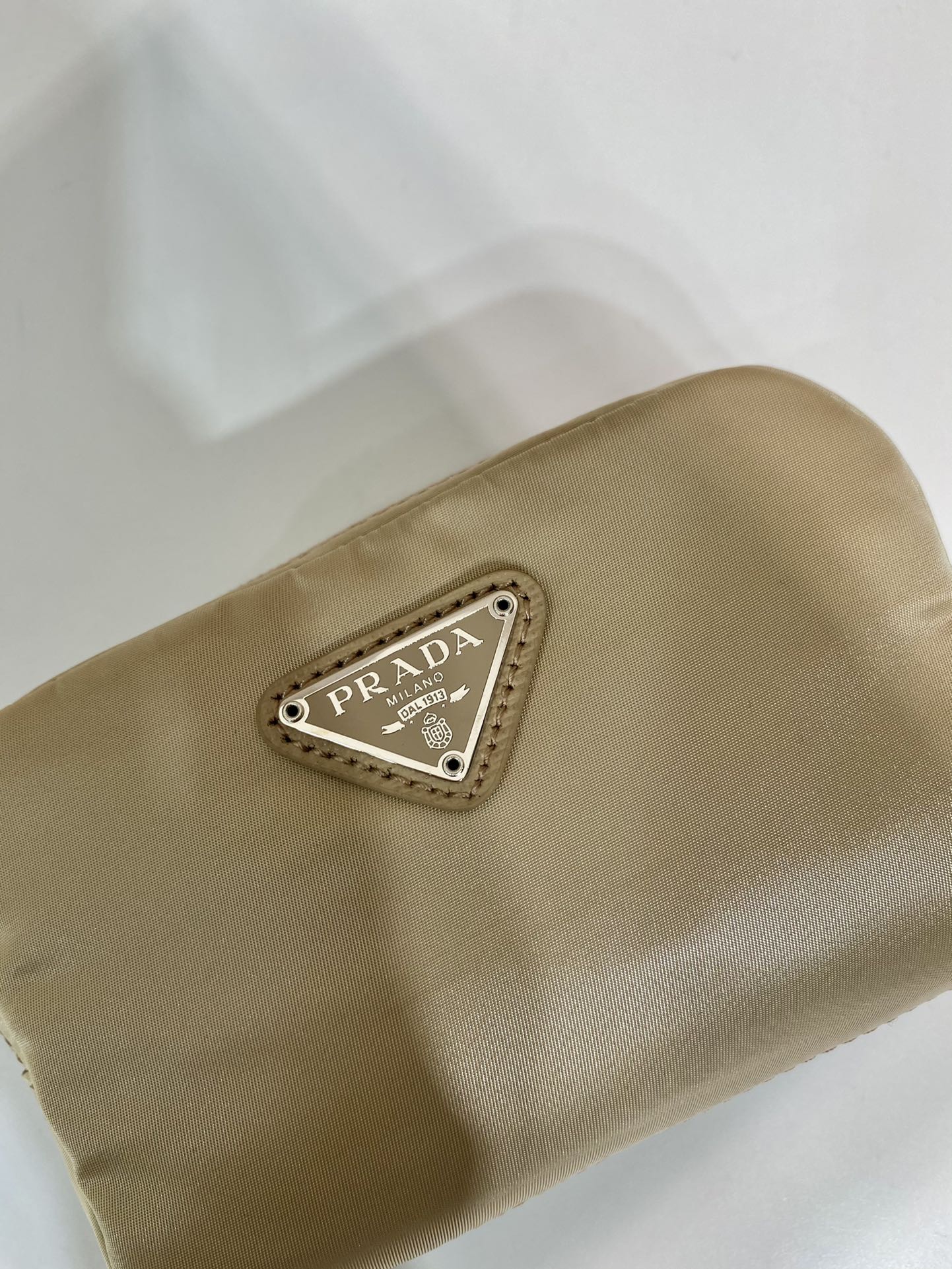 PRADA CLUTCH 12 IN TAN BROWN RE-NYLON