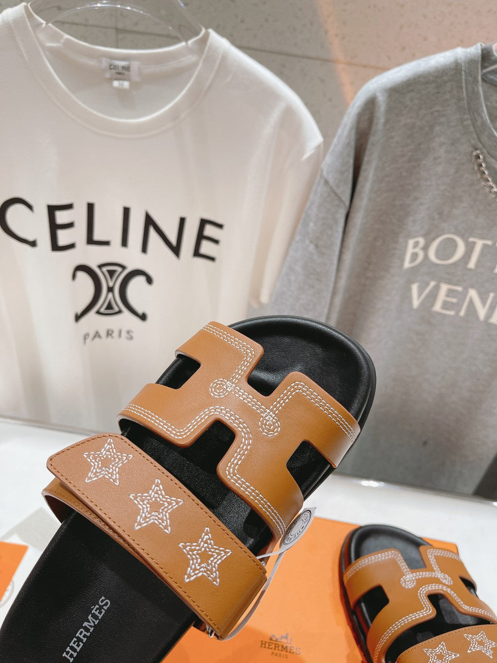 HERMES STAR-PATTERNED SANDAL BLACK AND CARAMEL CALFSKIN