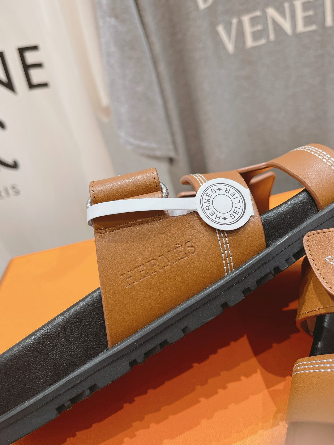 HERMES STAR-PATTERNED SANDAL BLACK AND CARAMEL CALFSKIN