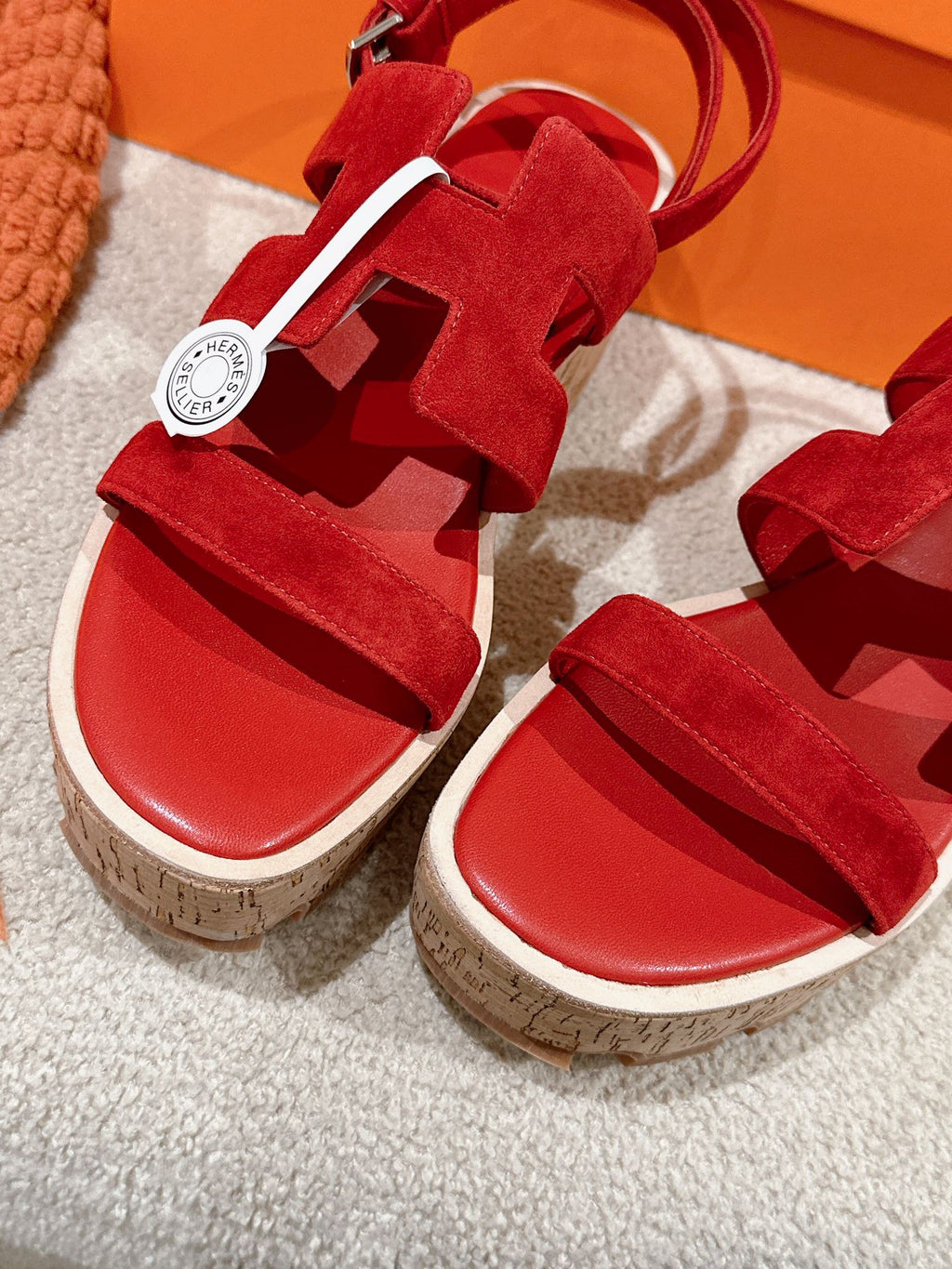 HERMES 25S HAVANE WEDGE SANDAL IN RED SUEDE