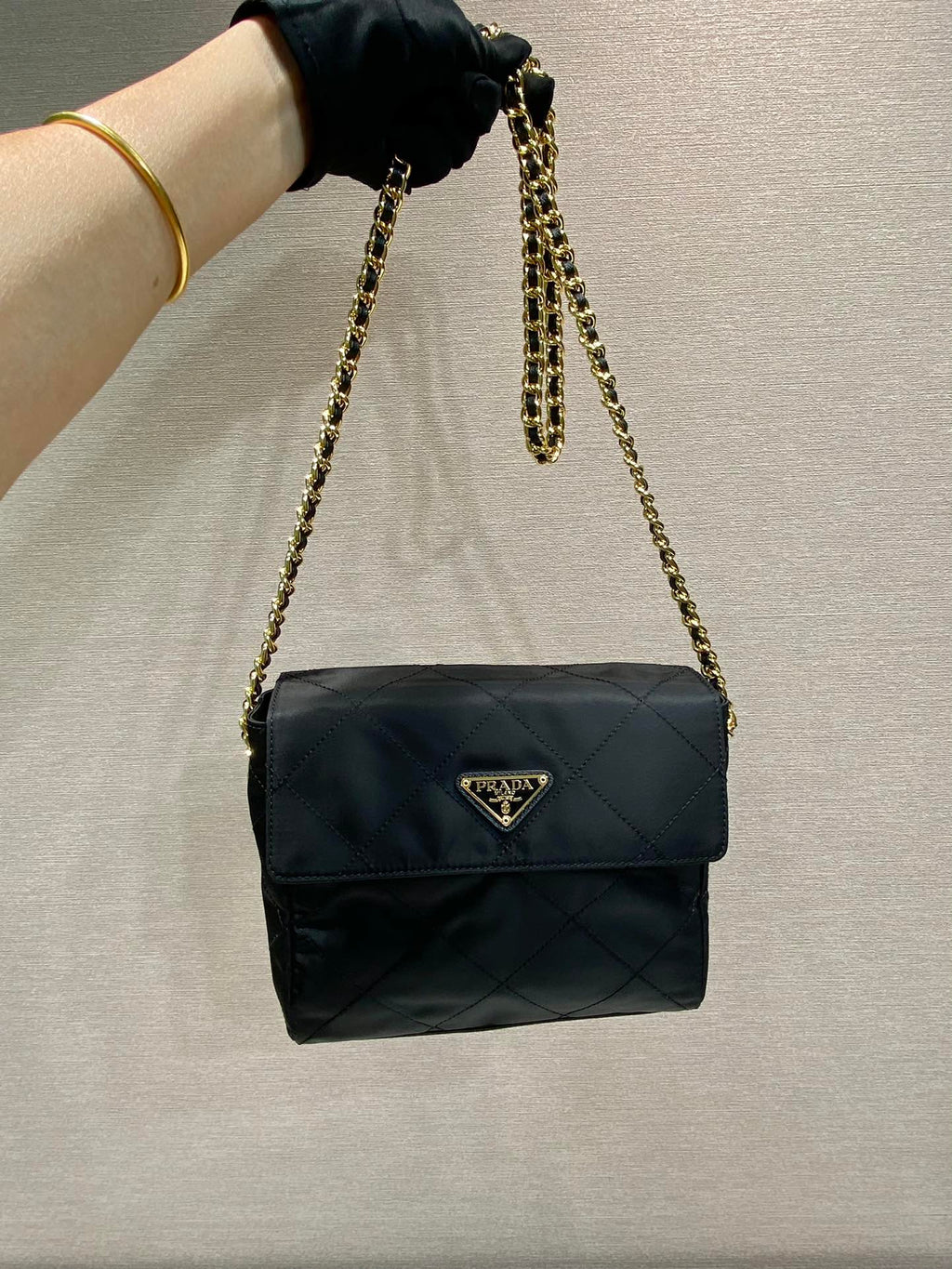 PRADA LARGE QUILTED FLAP BAG 23 IN BLACK RE-NYLON FABRIC GOLD CHAIN