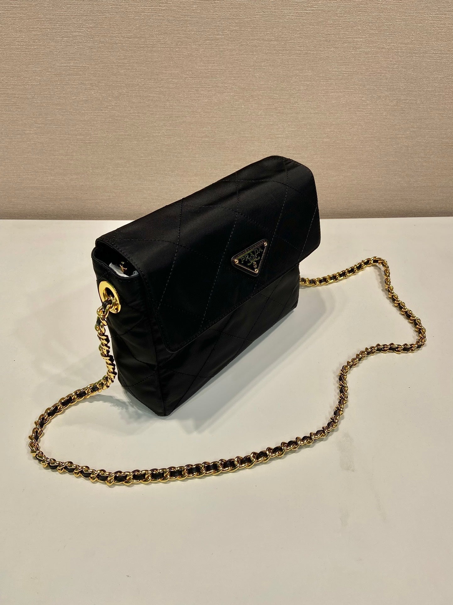 PRADA LARGE QUILTED FLAP BAG 23 IN BLACK RE-NYLON FABRIC GOLD CHAIN