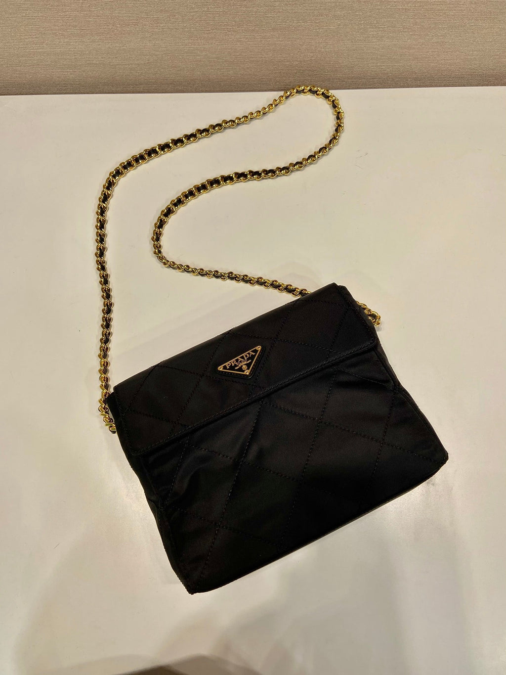 PRADA LARGE QUILTED FLAP BAG 23 IN BLACK RE-NYLON FABRIC GOLD CHAIN