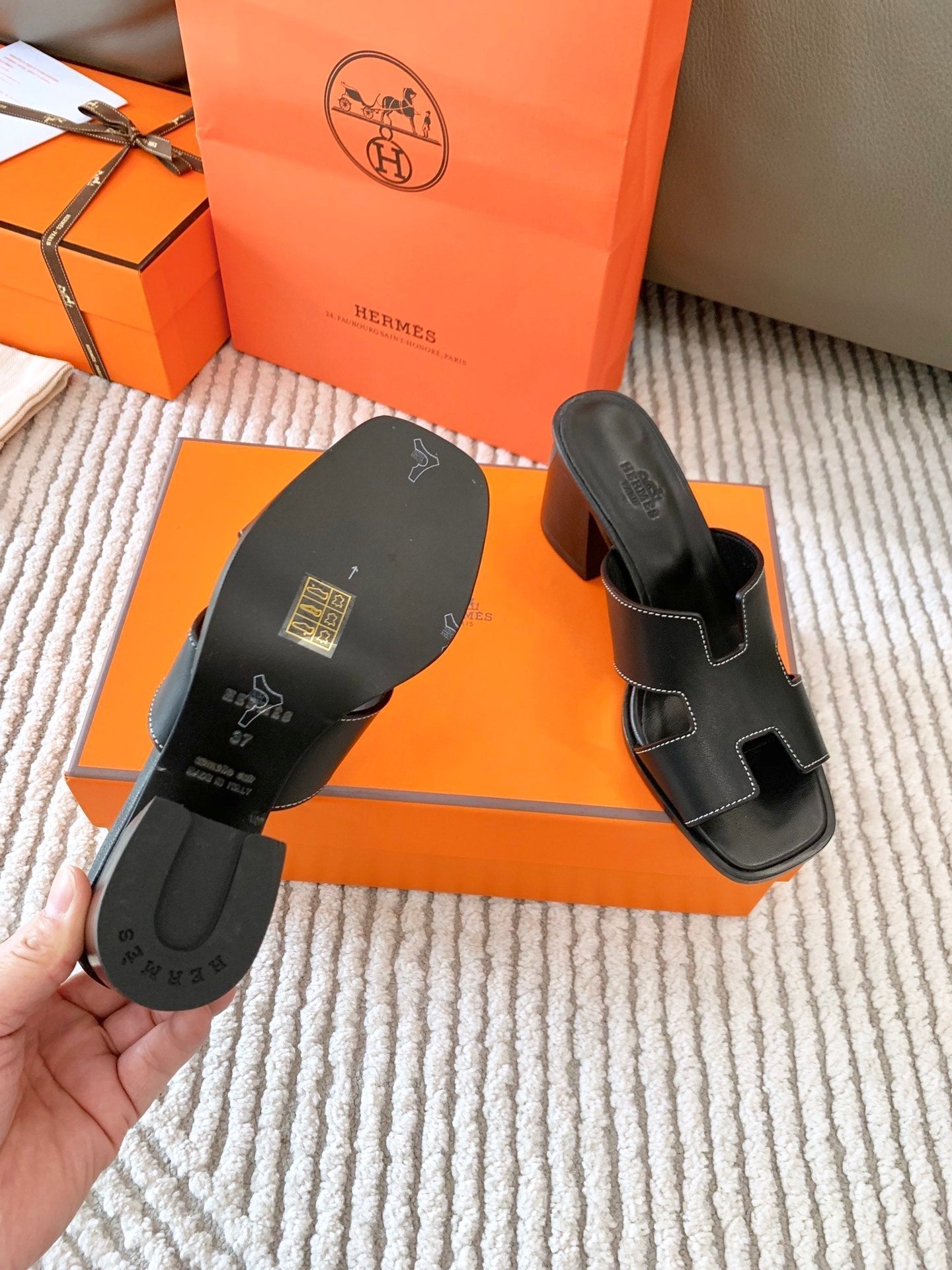 HERMES HELIA 60 SANDAL IN BLACK CALFSKIN