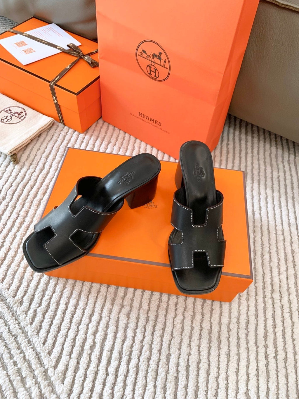 HERMES HELIA 60 SANDAL IN BLACK CALFSKIN