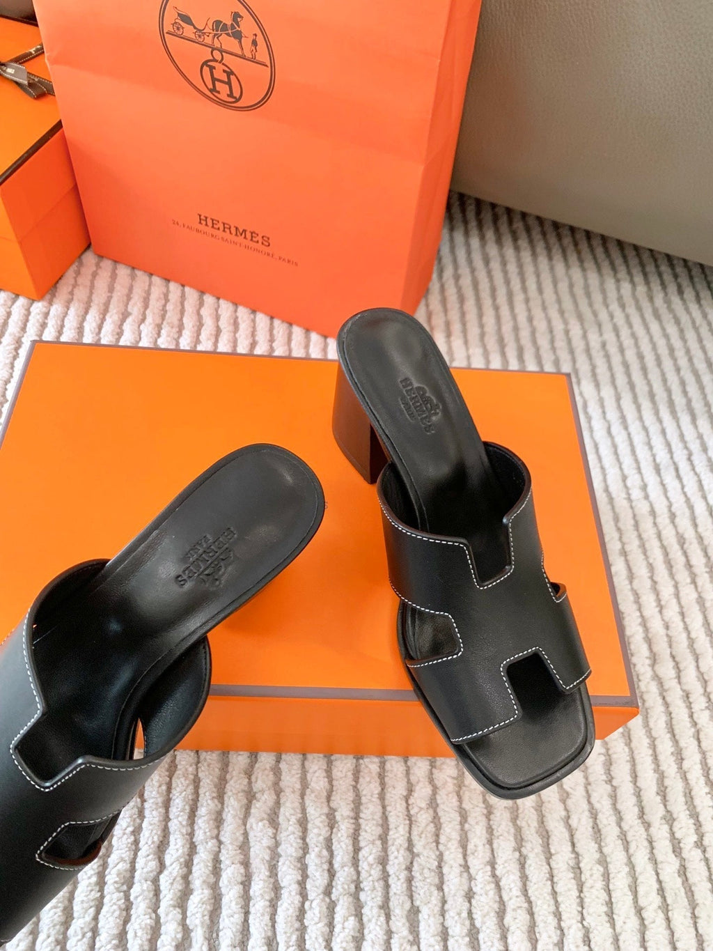 HERMES HELIA 60 SANDAL IN BLACK CALFSKIN