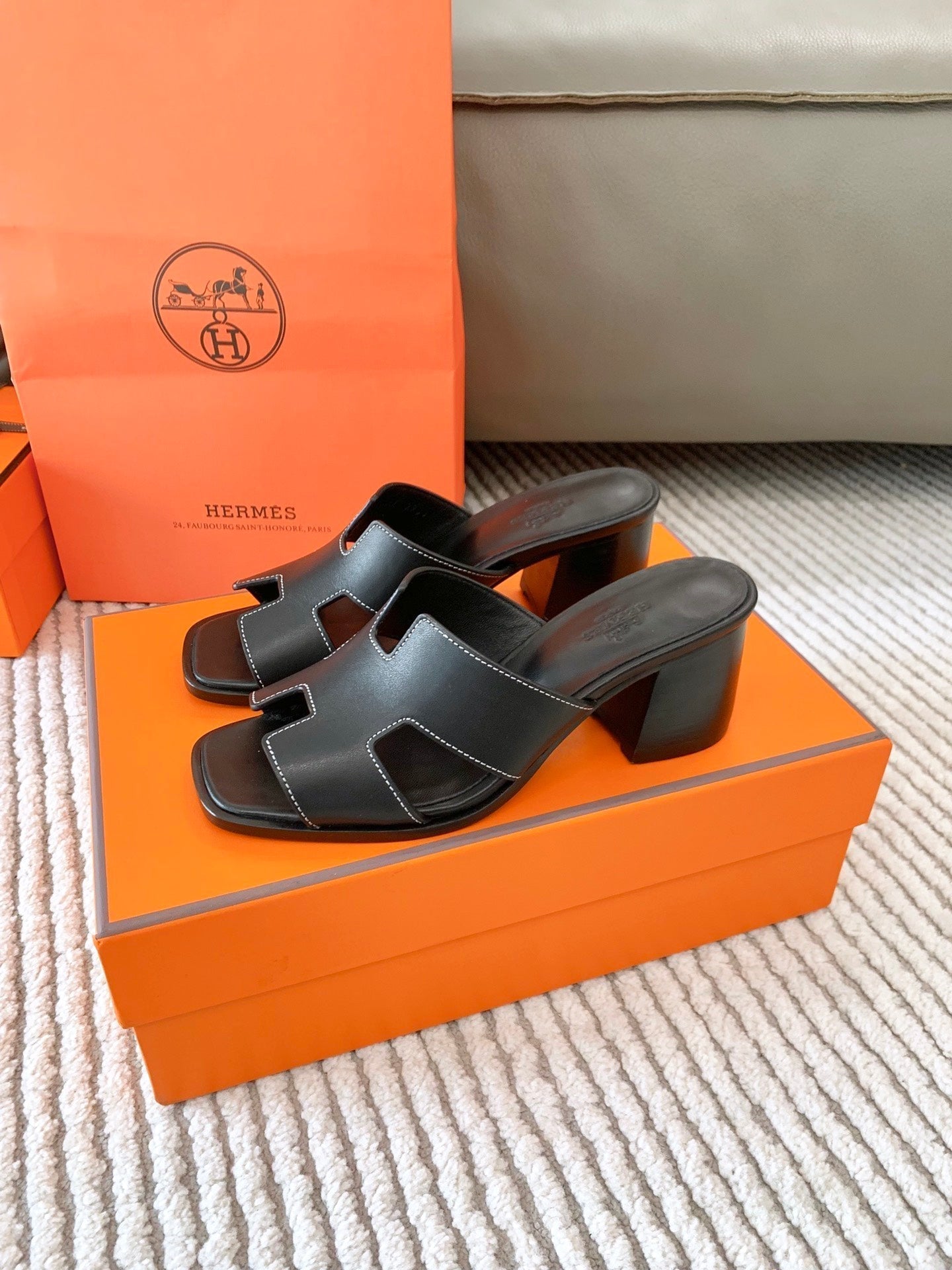 HERMES HELIA 60 SANDAL IN BLACK CALFSKIN