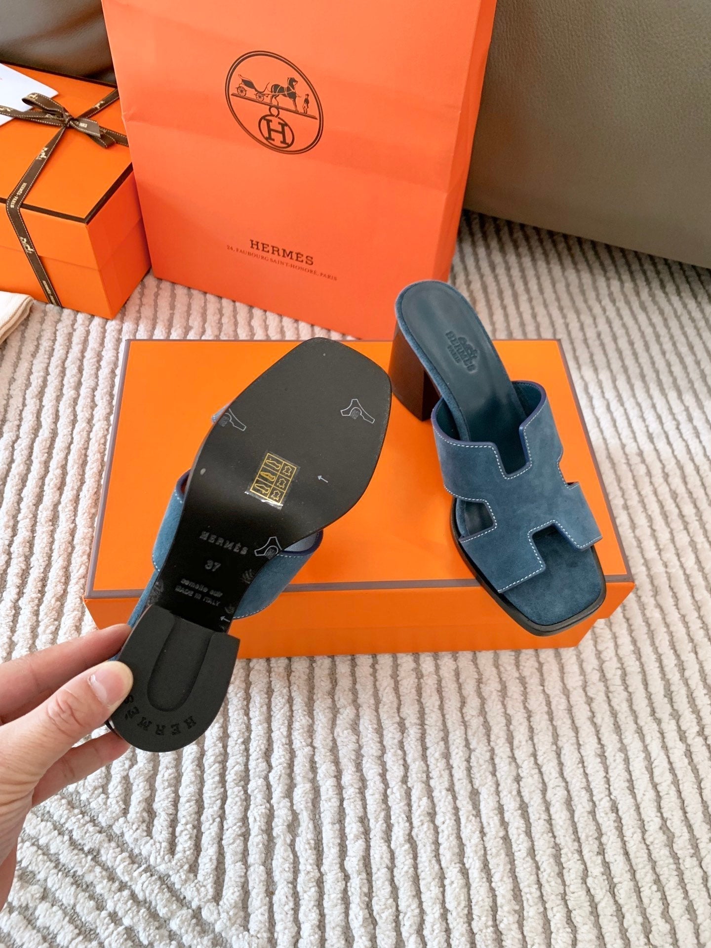 HERMES HELIA 60 SANDAL IN STONE BLUE SUEDE