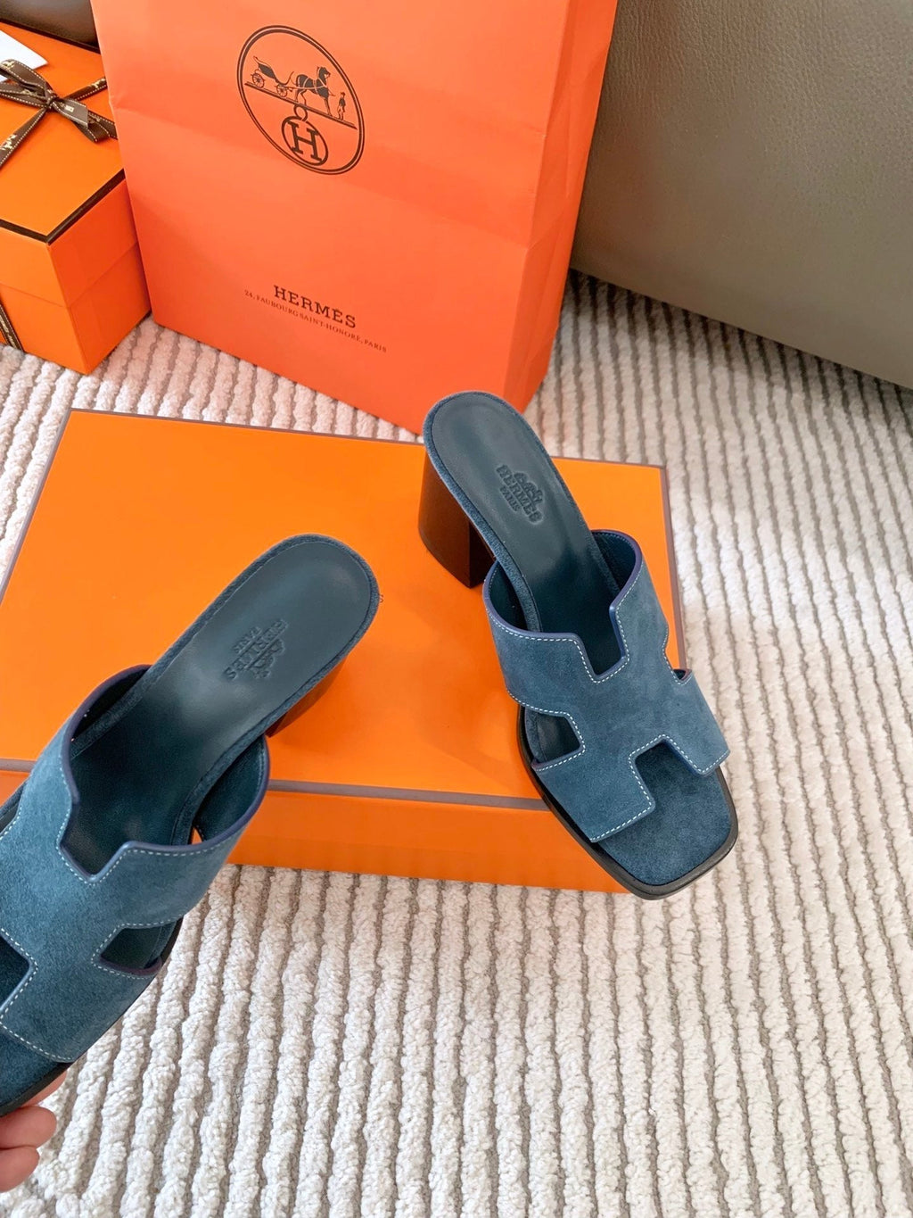 HERMES HELIA 60 SANDAL IN STONE BLUE SUEDE