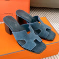 HERMES HELIA 60 SANDAL IN STONE BLUE SUEDE