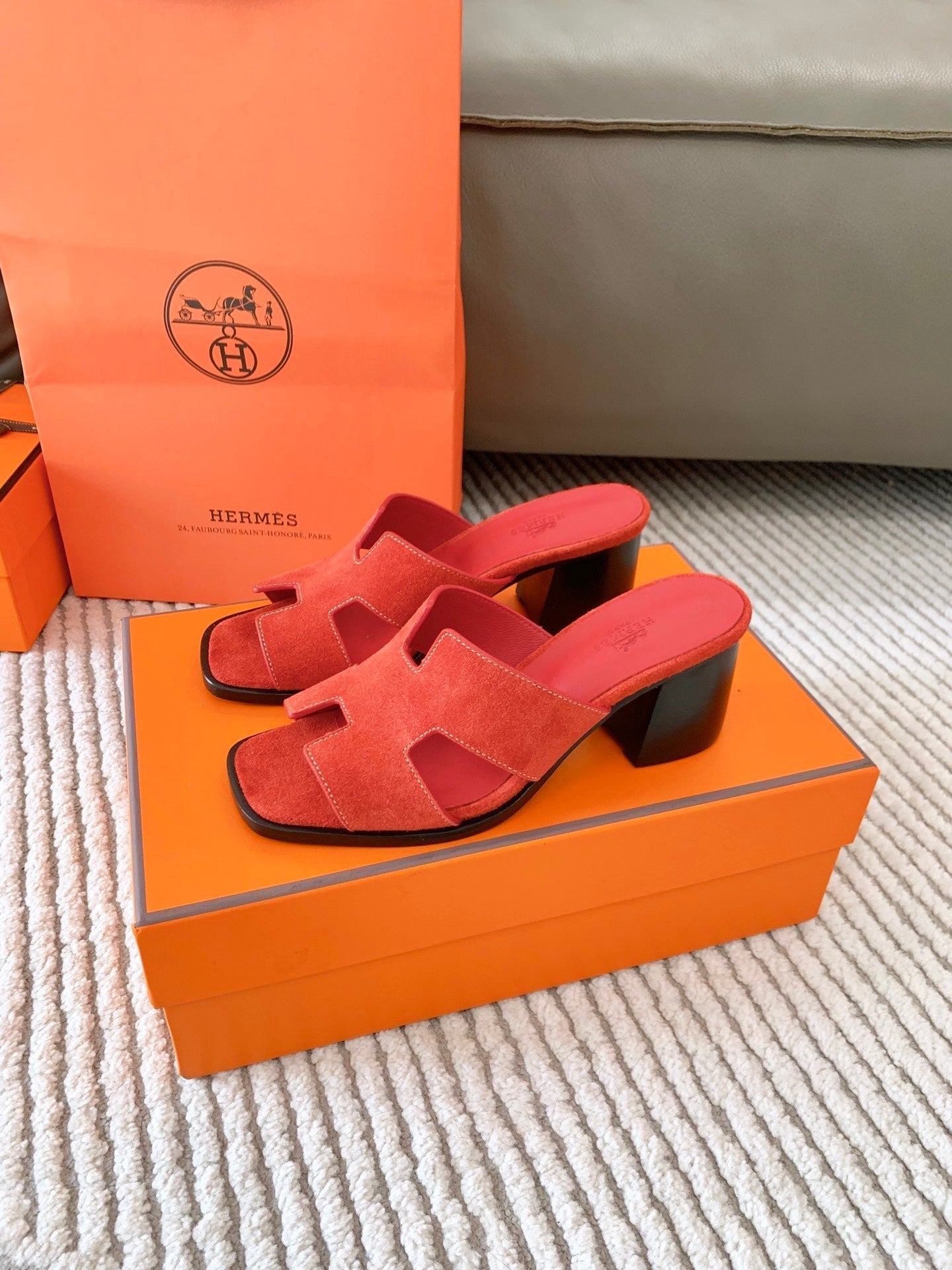 HERMES HELIA 60 SANDAL IN CHERRY RED SUEDE