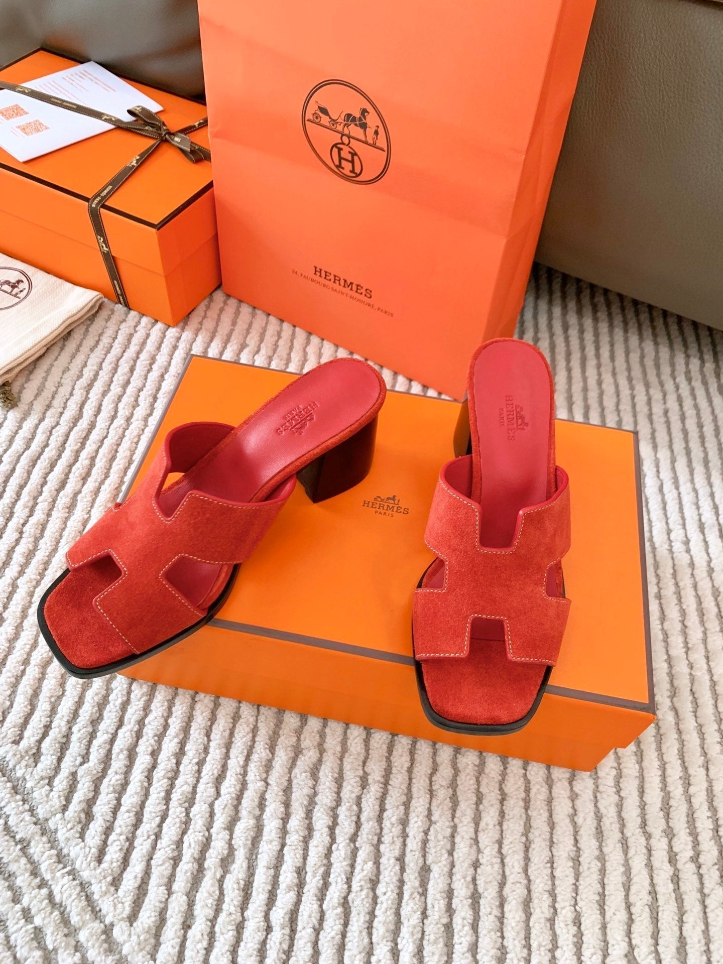 HERMES HELIA 60 SANDAL IN CHERRY RED SUEDE