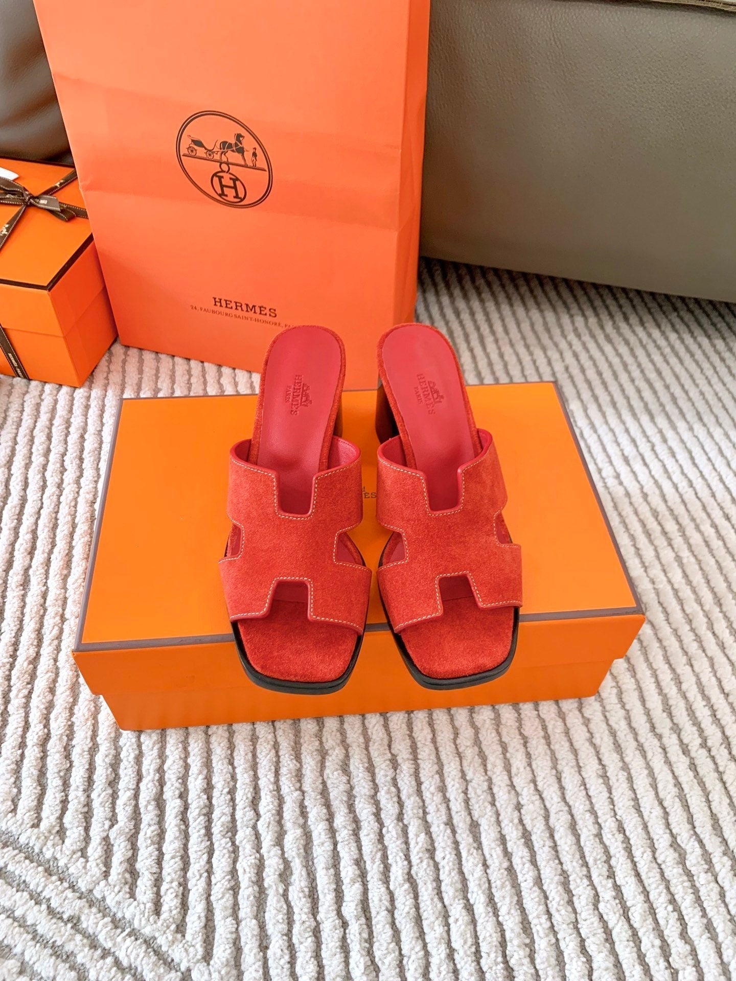 HERMES HELIA 60 SANDAL IN CHERRY RED SUEDE