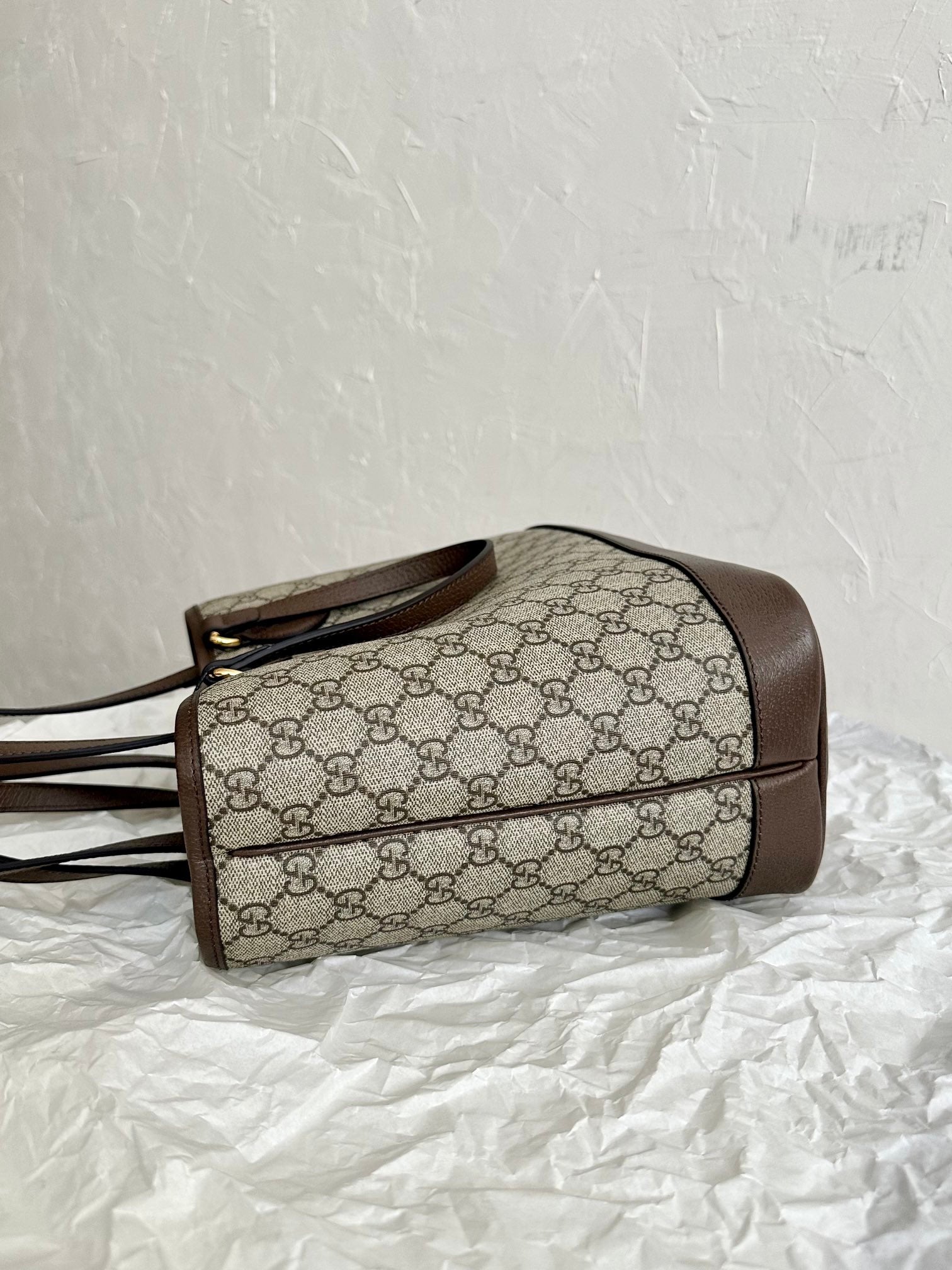 GUCCI OPHIDIA SMALL TOTE BAG 31 BEIGE CANVAS AND BROWN CALFSKIN