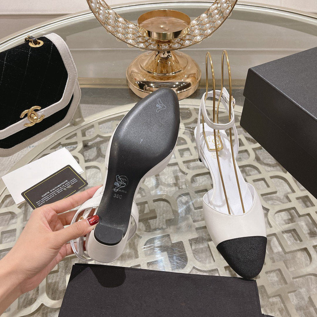 CHANEL high slingbacks white black lambskin grosgrain