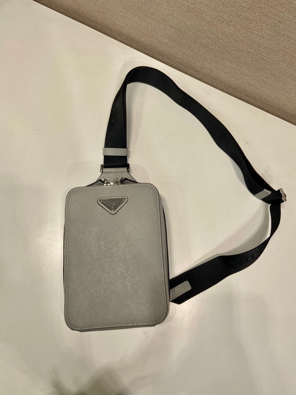 PRADA CHEST BAG 20 IN ECHO GRAY SAFFIANO LEATHER