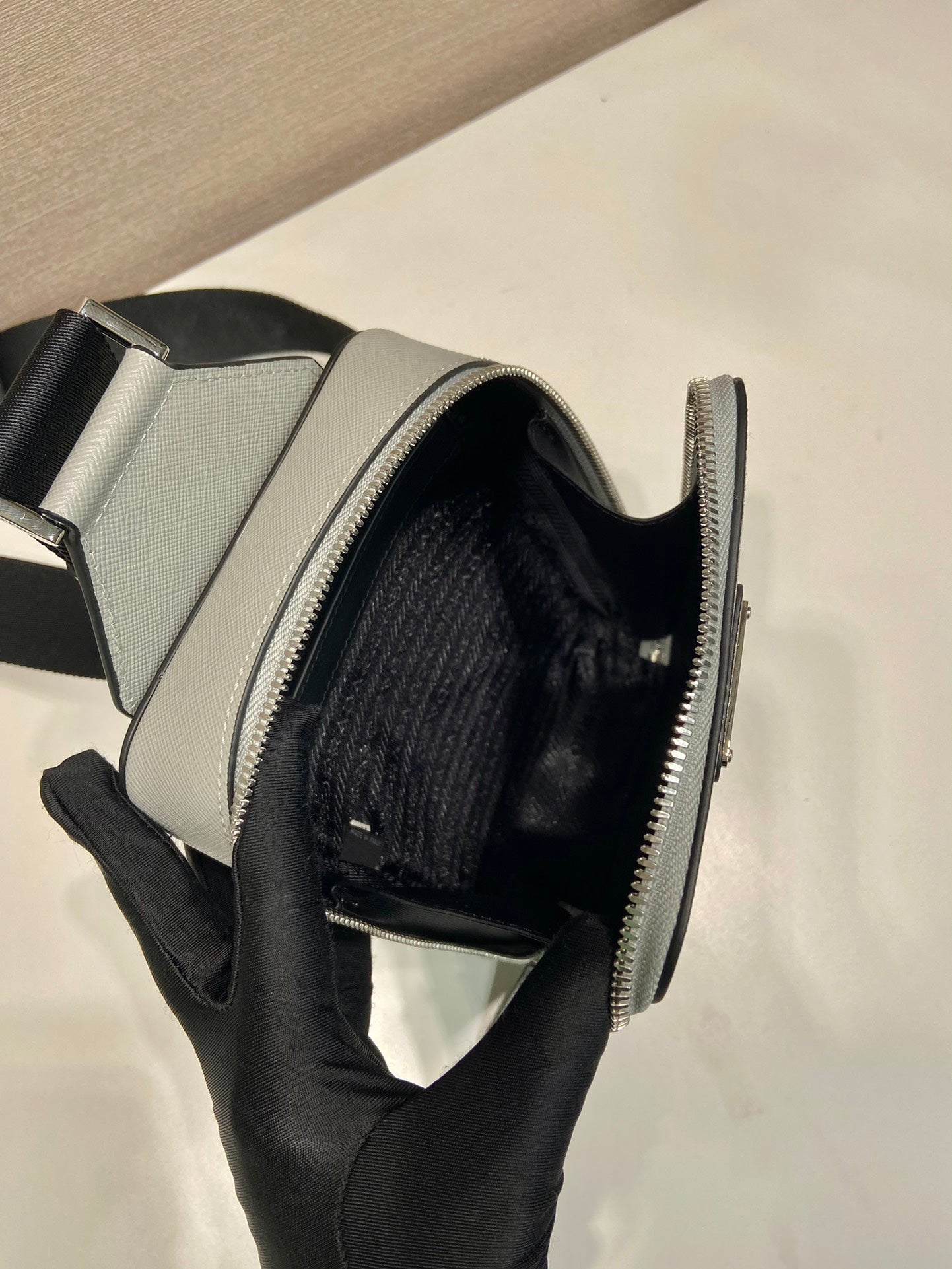 PRADA CHEST BAG 20 IN ECHO GRAY SAFFIANO LEATHER