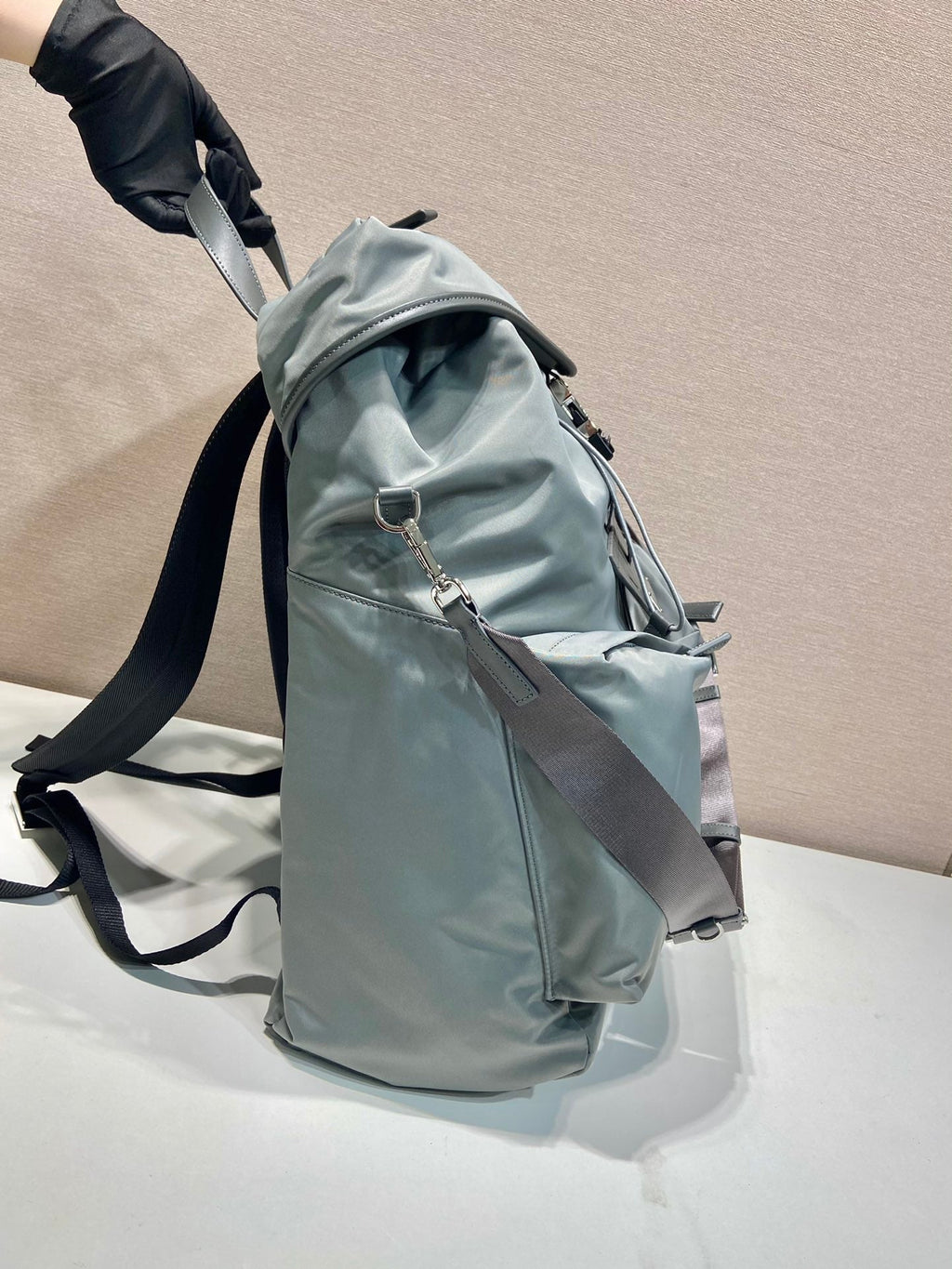 PRADA TRIANGLE LOGO BACKPACK 45 IN ASH GRAY RE-NYLON