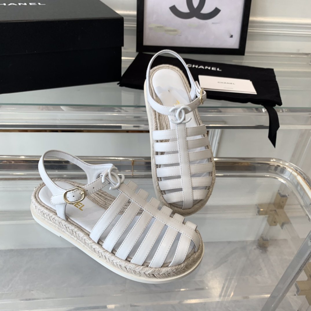 CHANEL roman sandals white lambskin