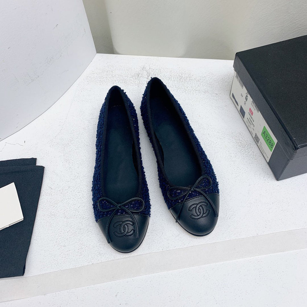 CHANEL ballet flat dark blue tweed black grosgrain