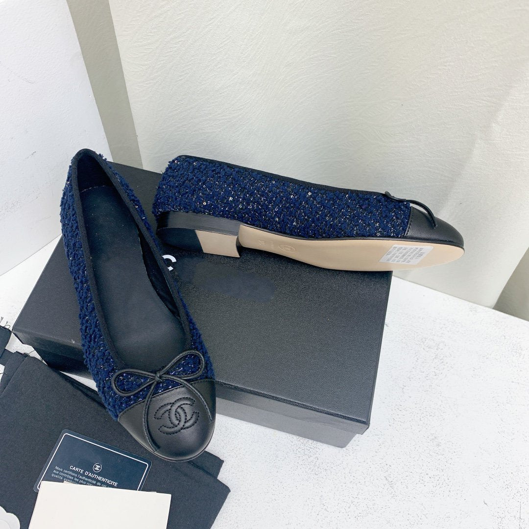 CHANEL ballet flat dark blue tweed black grosgrain