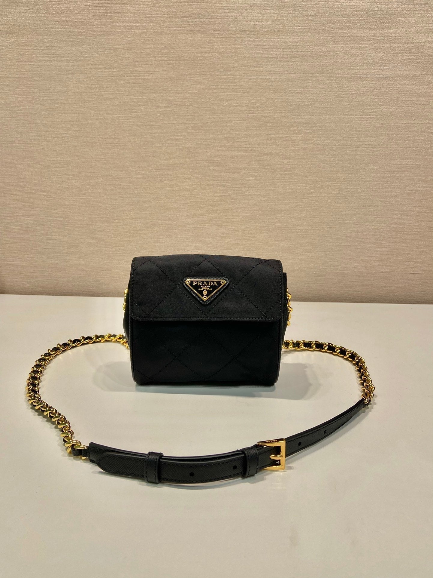 PRADA MINI QUILTED FLAP BAG 14 IN BLACK RE-NYLON FABRIC GOLD CHAIN