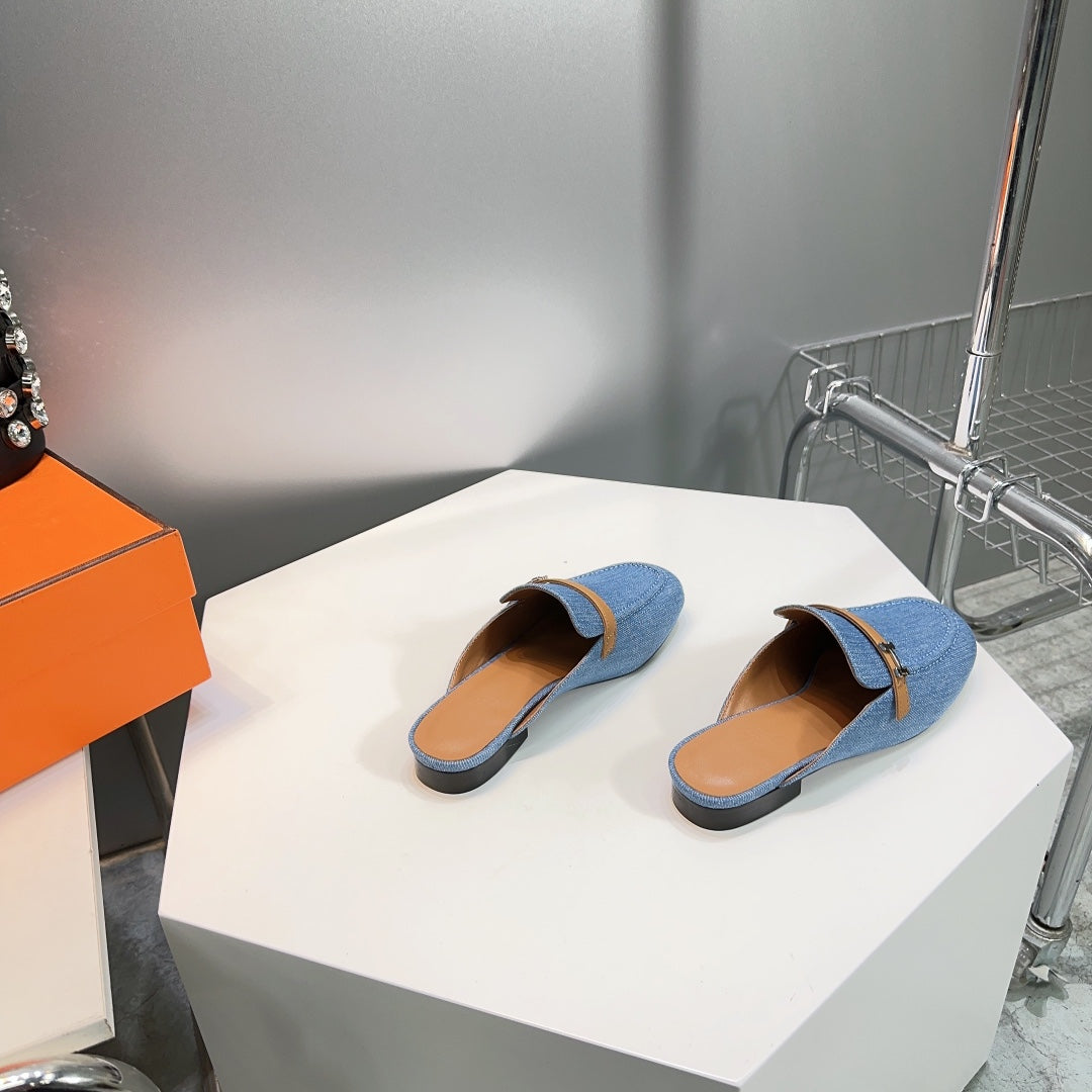 HERMES Lena Mule Blue Denim
