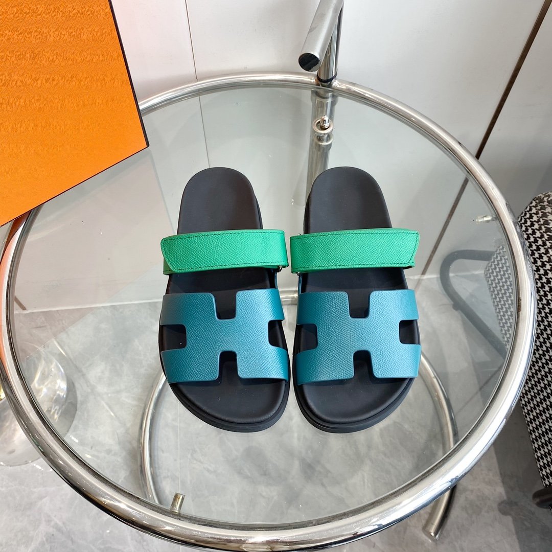 HERMES Chypre Sandal Tiffa with blue straps Leather
