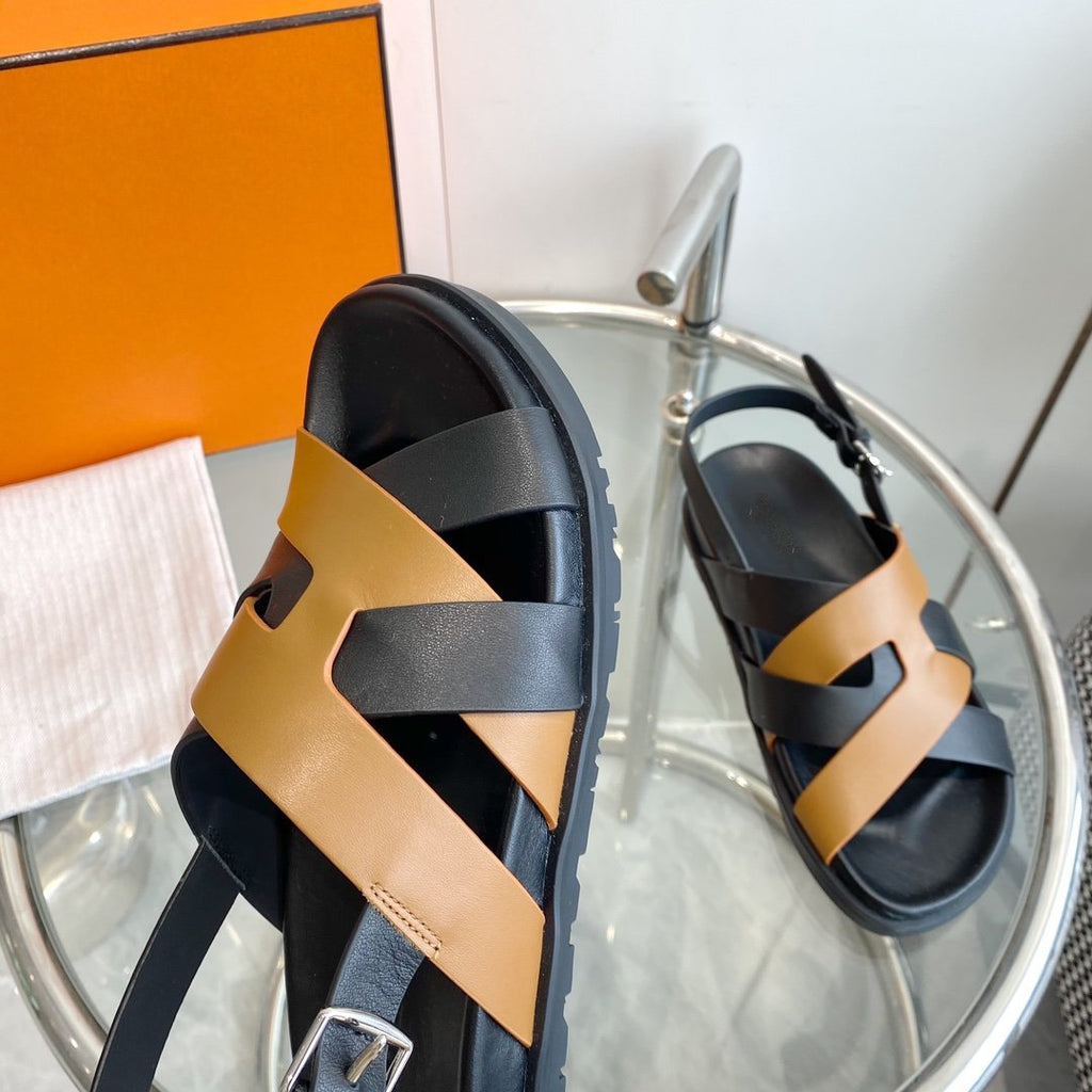 HERMES Genius Sandal Slingback Black/Brown Calfskin Leather