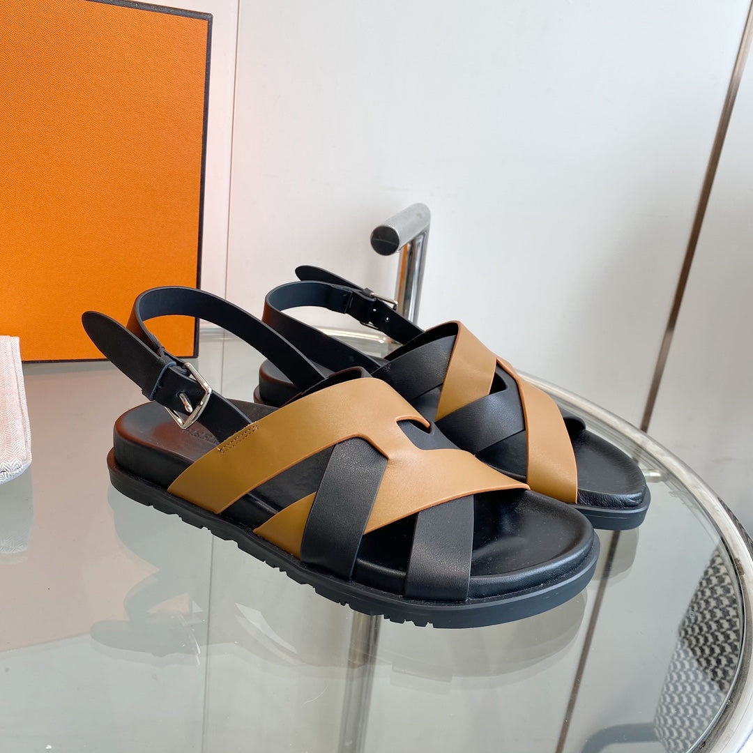 HERMES Genius Sandal Slingback Black/Brown Calfskin Leather