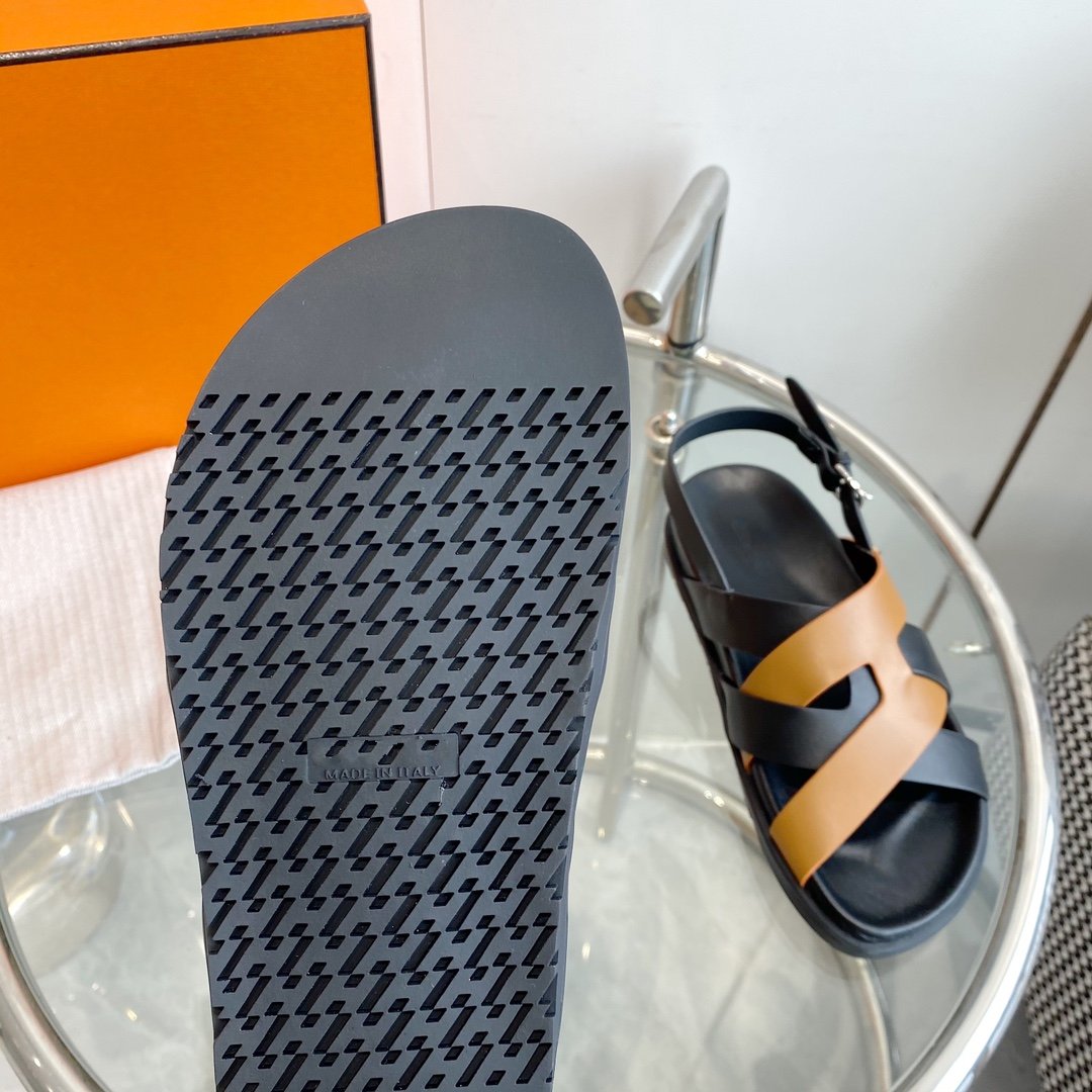 HERMES Genius Sandal Slingback Black/Brown Calfskin Leather