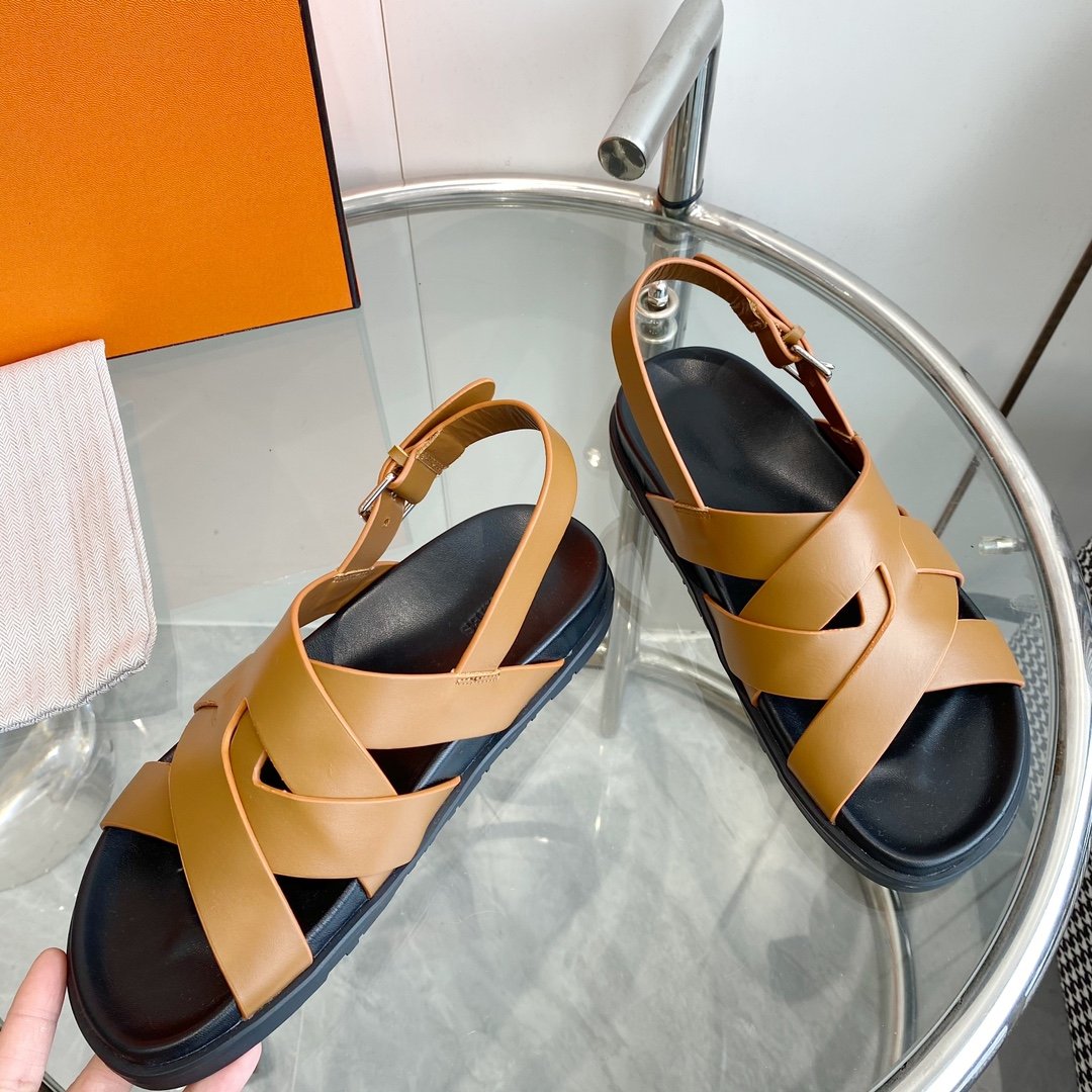 HERMES Genius Sandal Slingback Light Brown Calfskin Leather