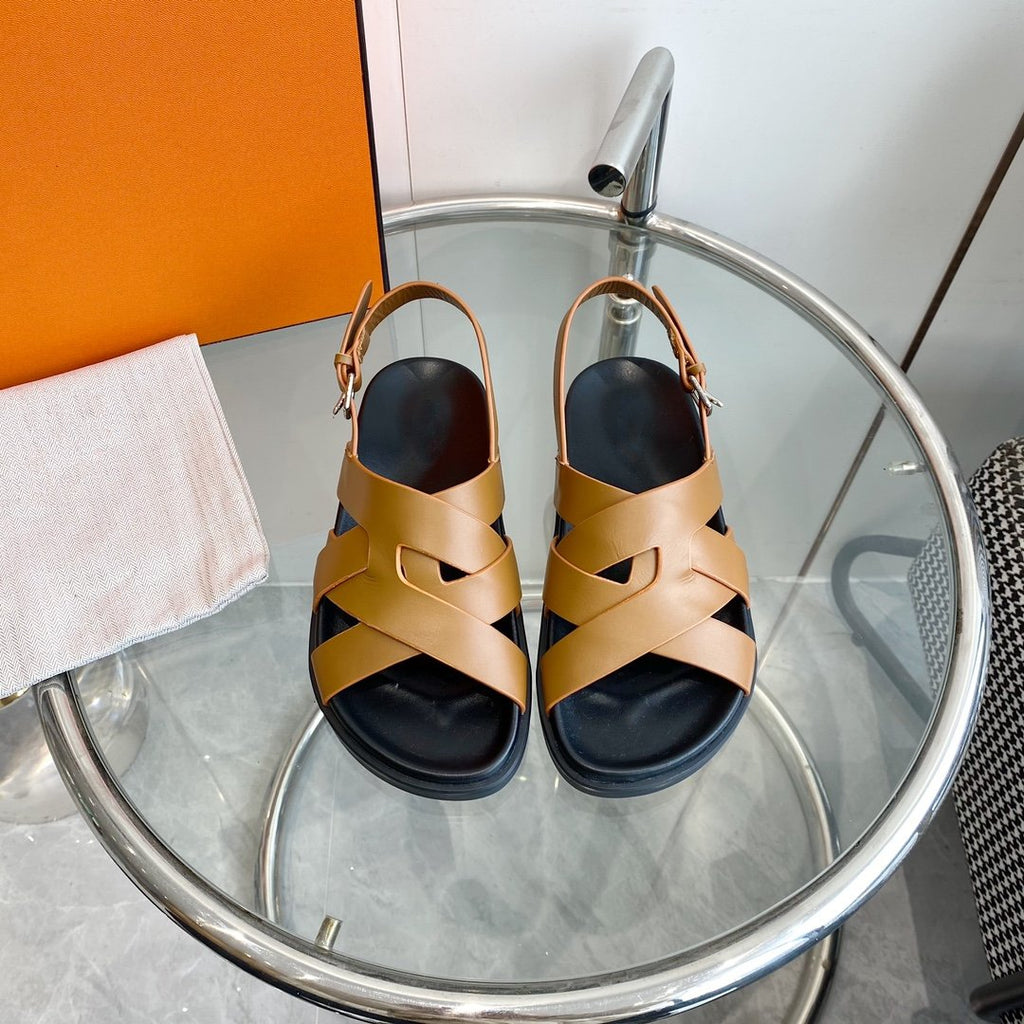 HERMES Genius Sandal Slingback Light Brown Calfskin Leather